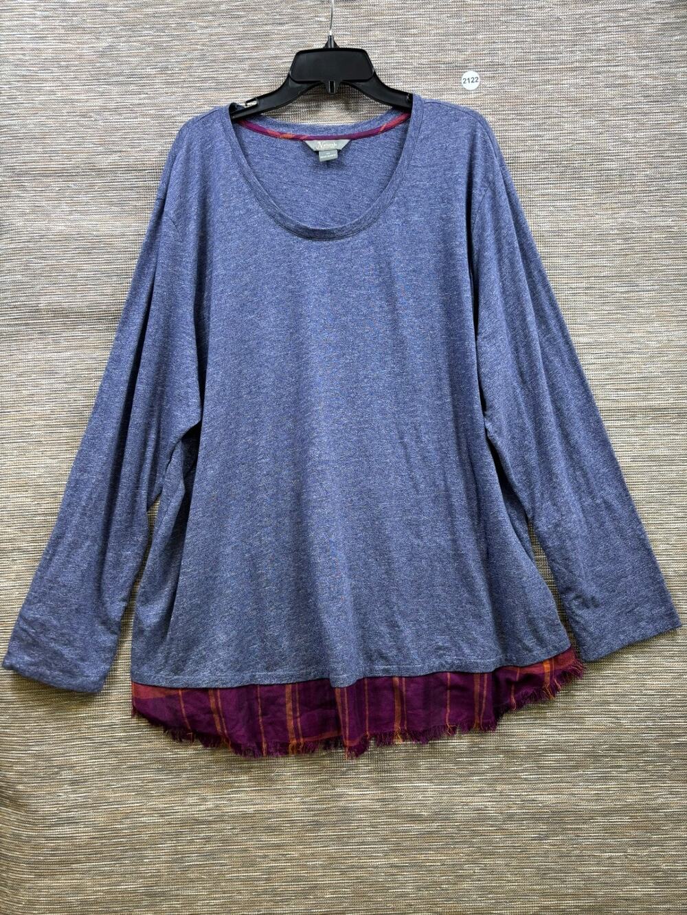 Natural Reflections Top Plus Size 3X Blue Gray with Plaid Fringe Hem Long Sleeve